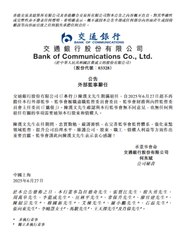 交通银行：陈中文辞任外部监事